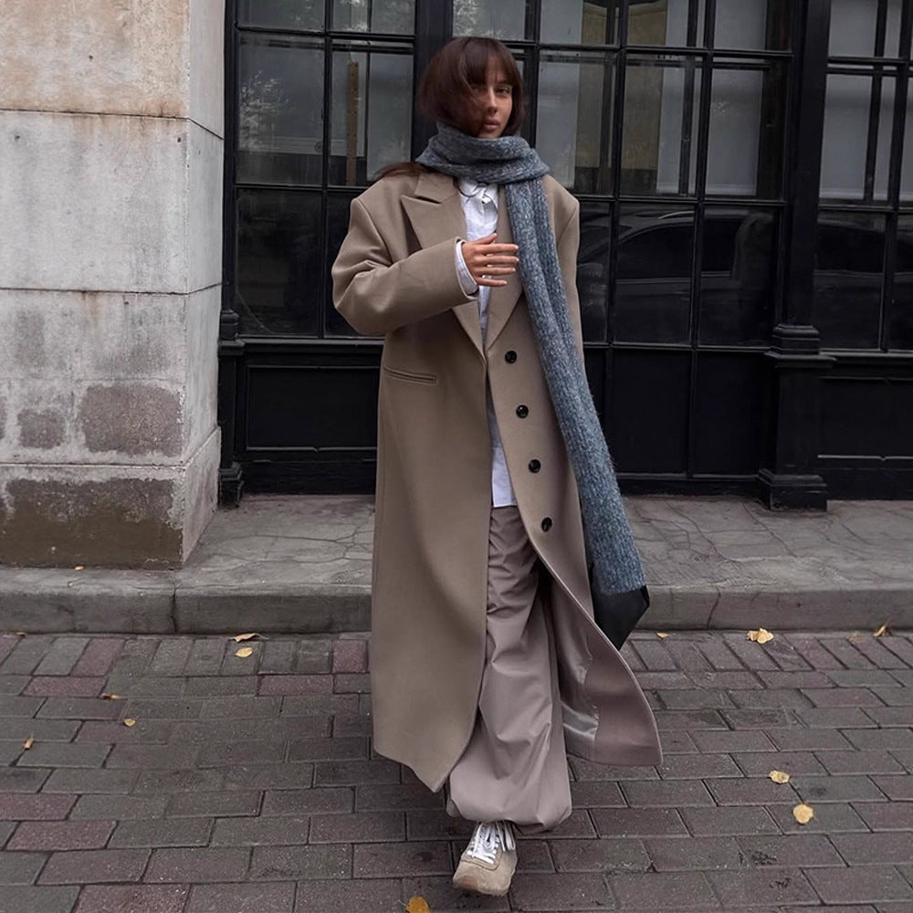 Damen Maxilanger Clean-Cut Wollmixmantel mit übergroßem Revers und gerader Silhouette Drune