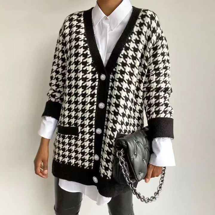 Damen modische Strickjacke mit klassischem Hahnentrittmuster und Knopfdetails Drune
