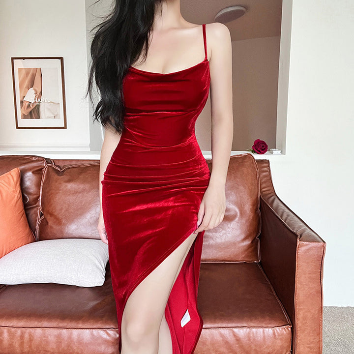 Damen elegantes Wickelkleid mit hohem Schlitz und schmalen Trägern Drune