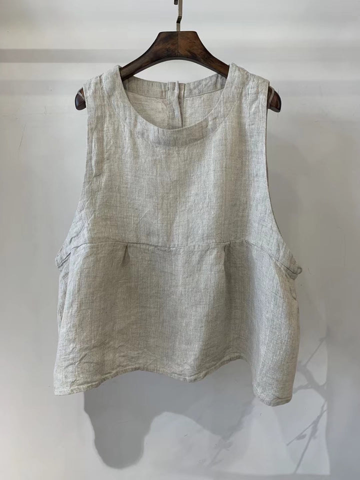 Damen Relaxed Fit Ärmelloses Leinenoberteil mit Seitentaschen Drune