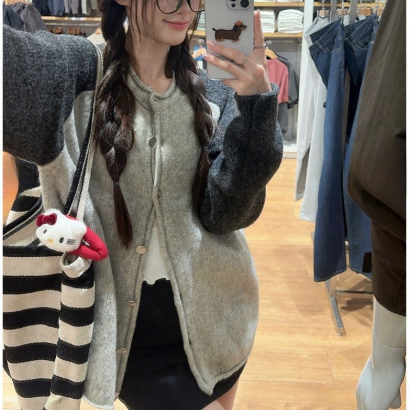 Damen kuschelige Wolljacke mit kontrastierenden Ärmeln und Knopfverschluss Drune
