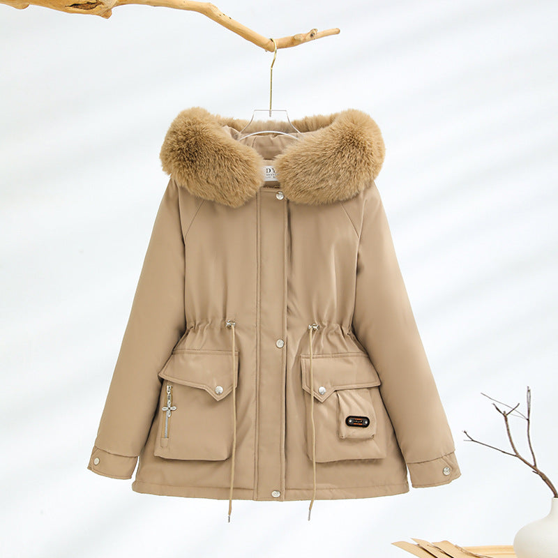 Damen nan kurzer Thermo-Parka mit voluminösem Schalkragen in Webpelzoptik und taillierendem Tunnelzug Drune