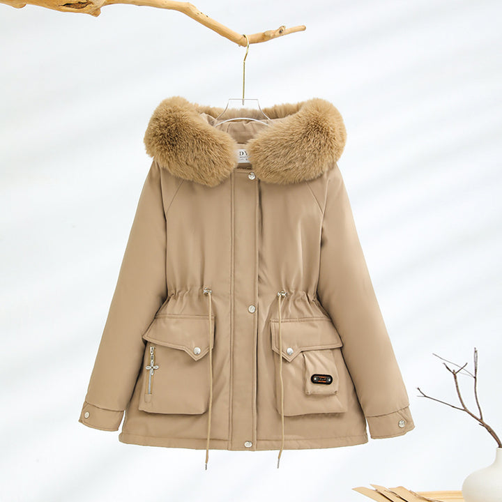 Damen nan kurzer Thermo-Parka mit voluminösem Schalkragen in Webpelzoptik und taillierendem Tunnelzug Drune