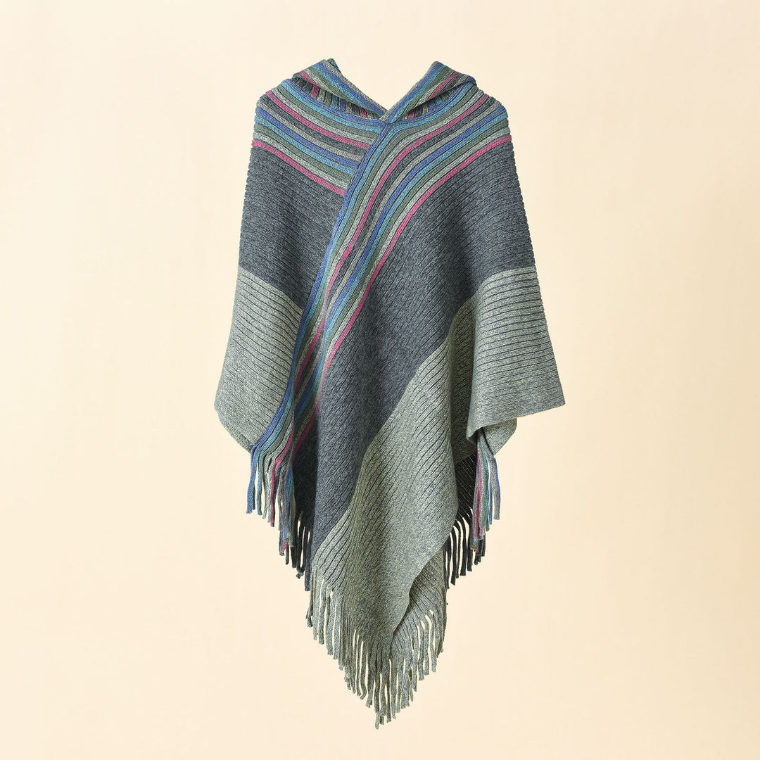 Damen Kapuzen-Poncho im Grobstrick mit Fransensaum Drune