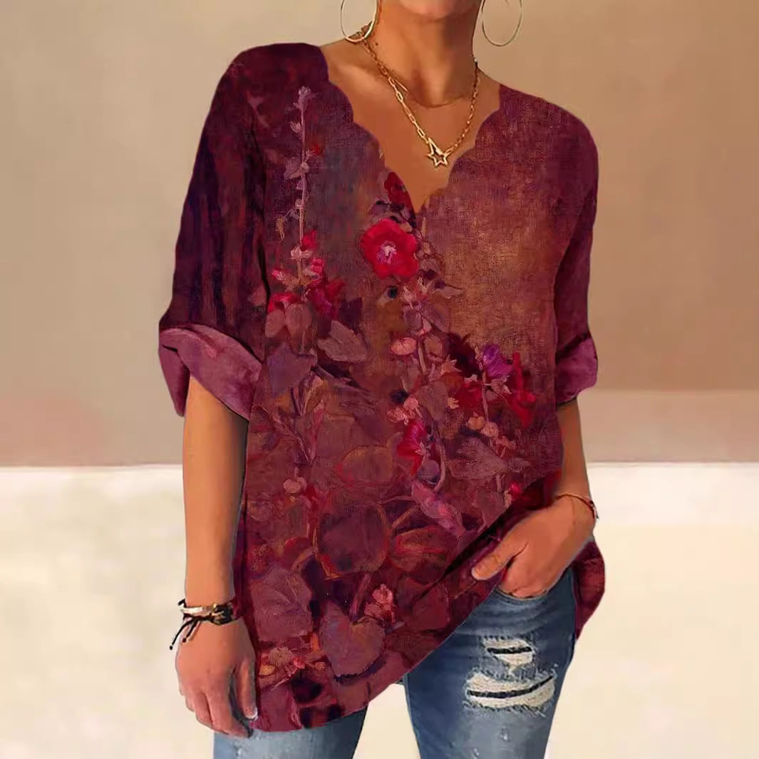 Damen Lockere Bluse mit Welligem V-Ausschnitt und Aquarell Floral Print Drune