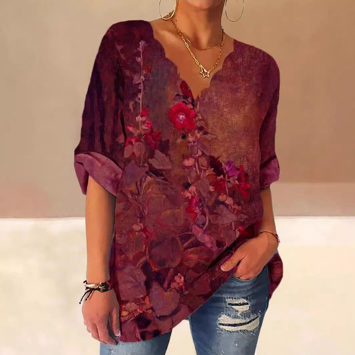 Damen Lockere Bluse mit Welligem V-Ausschnitt und Aquarell Floral Print Drune