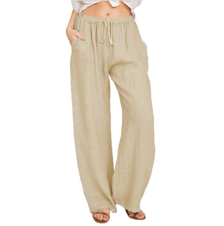Damen luftige Palazzo-Hose mit Tunnelzugbund, elastischem Taillenabschluss und seitlichen Eingrifftaschen Drune