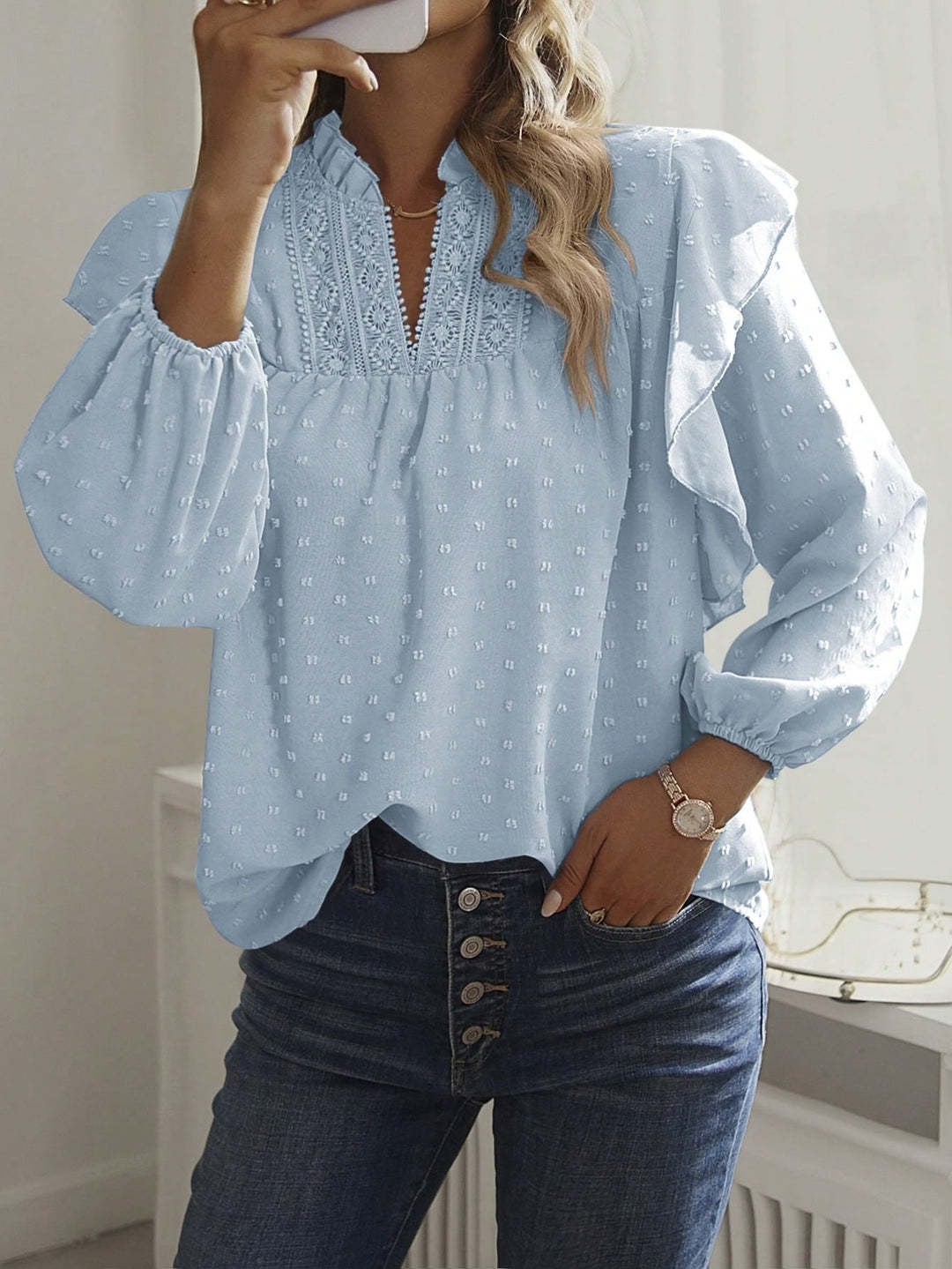 Damen Viskose-Bluse mit Spitzenstickerei und Volantärmeln Drune