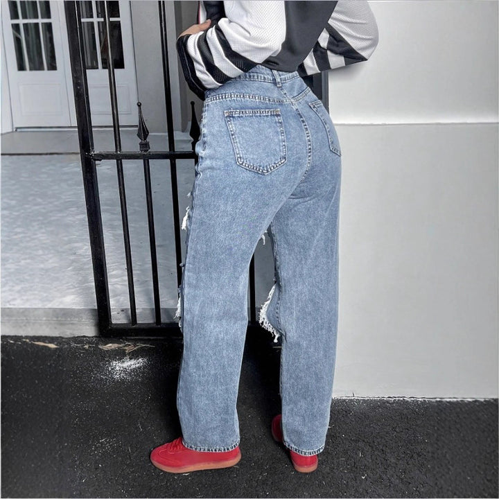 Damen Hochtaillierte Destroyed Baggy-Jeans mit weitem Bein und Knie‑Rips Drune