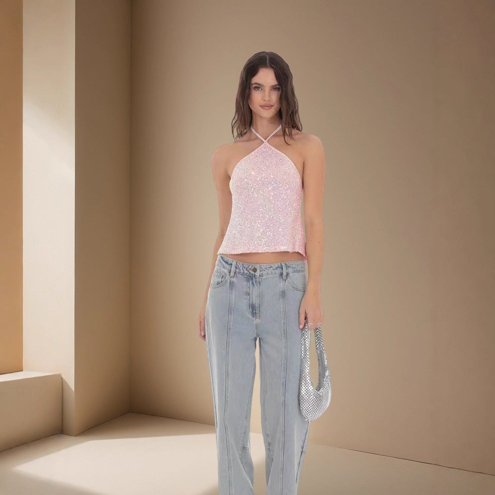 Damen Glitzerndes Crop-Top mit schmalen Trägern und asymmetrischem Design Drune