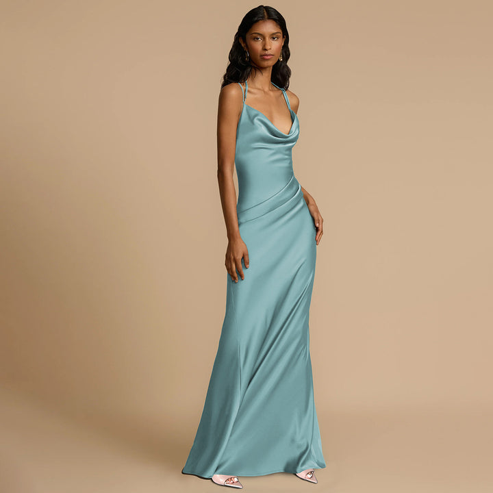 Damen Elegantes Satin-Maxikleid mit raffinierten Spaghetti-Trägern Drune