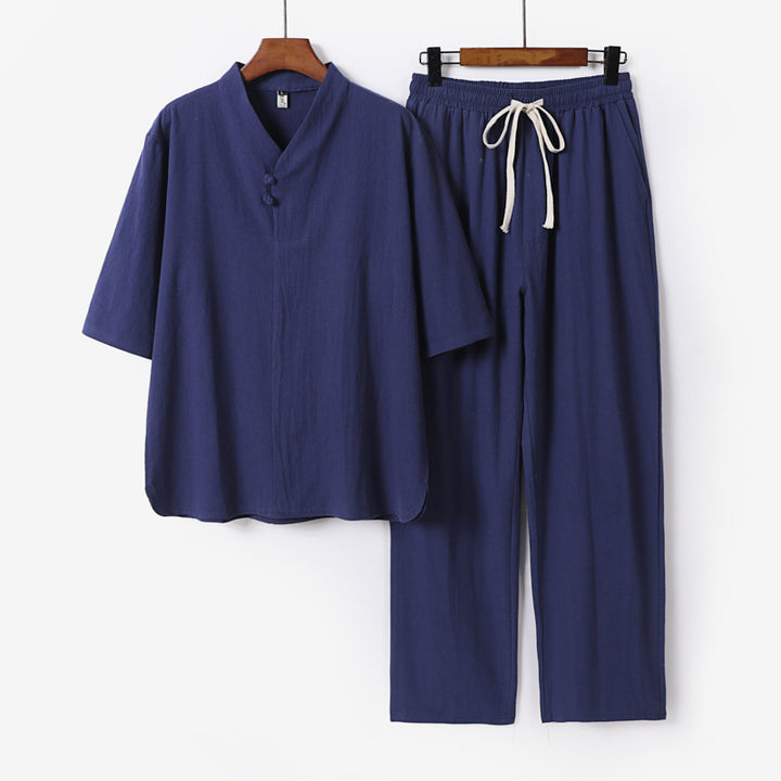Herren Zweiteiliges Leichtes Loungewear-Set mit Stehkragen-Halbarmshirt und Kordelbund-Hose Drune