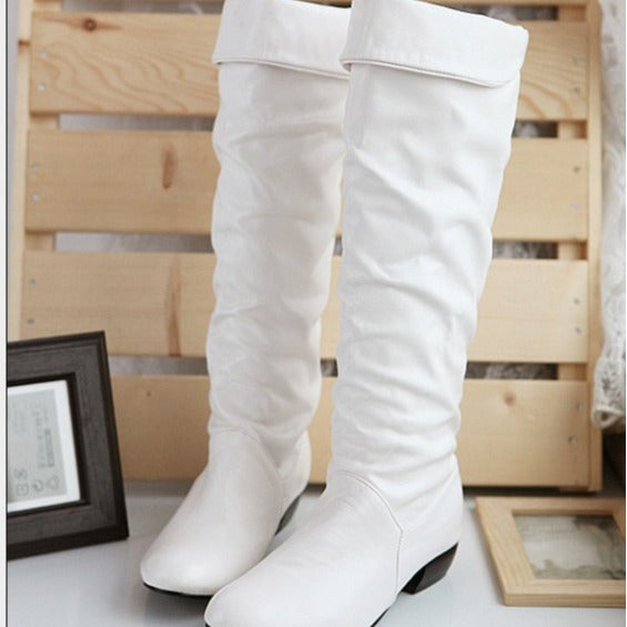 Damen kniehohe Slouch-Stiefel mit Umschlag und flachem Absatz Drune