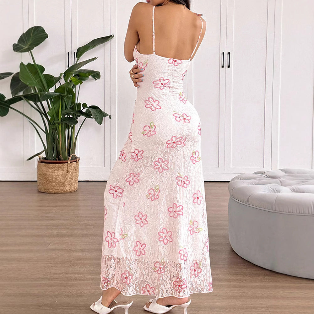 Damen Maxikleid mit floralem Spitzenmuster und verstellbaren Trägern Drune