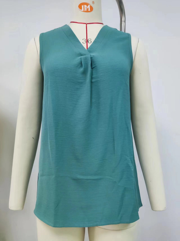 Damen ärmelloses Blusenshirt mit elegantem V-Ausschnitt und dekorativer Faltenstruktur Drune
