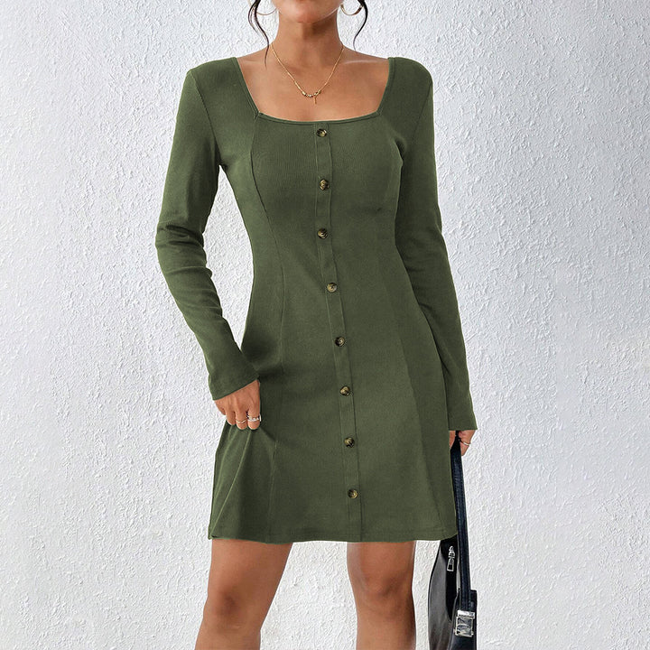 Damen ausgestelltes Strick‑Korsagenkleid mit durchgehender Knopfleiste, Square‑Neck und figurformenden Teilungsnähten Drune