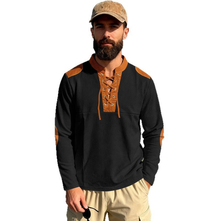 Herren Waffelstrick-Langarmshirt mit Schnürung und Kunstvelours-Ellbogenpatches Drune