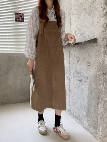 Damen Latzkleid aus weichem Baumwollmaterial mit verstellbaren Trägern und seitlichen Taschen Drune