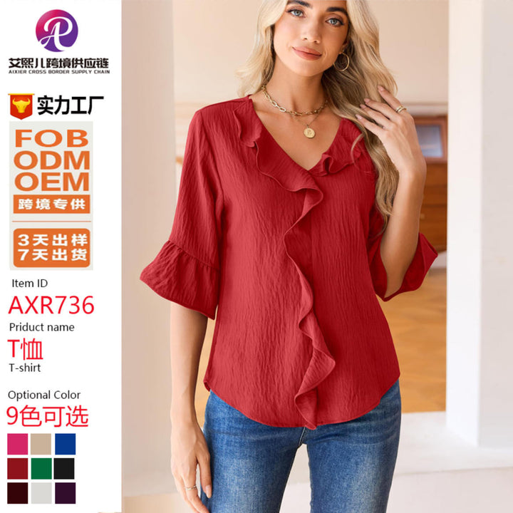 Damen Rüschenbluse mit V-Ausschnitt und Glockenärmeln Drune