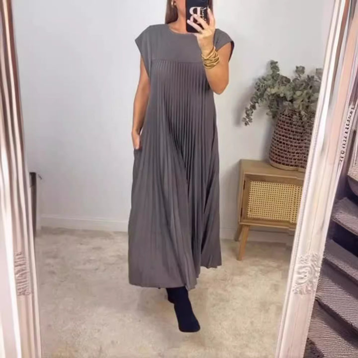Damen nan fließendes plissiertes Maxikleid mit überschnittenen Schultern und Eingrifftaschen Drune