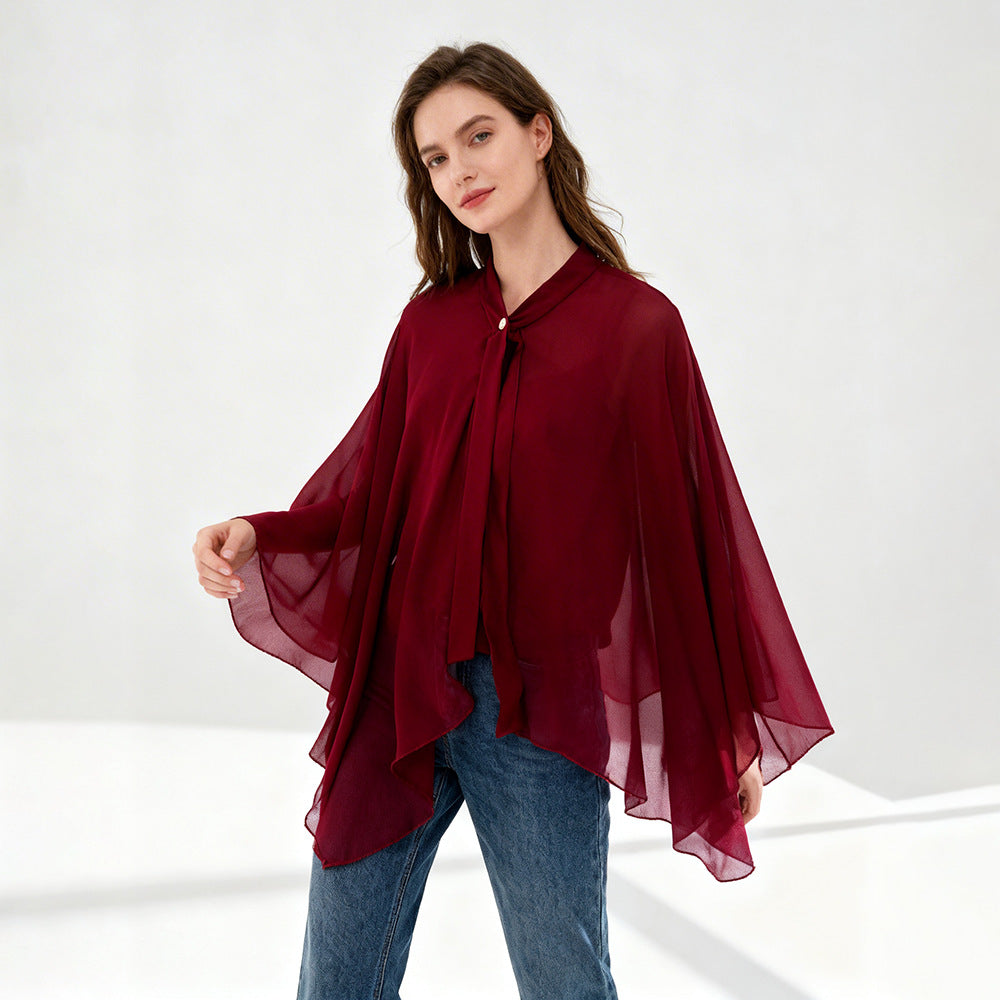 Damen Chiffon-Cape mit Schleifenkragen und Zierknopf Drune