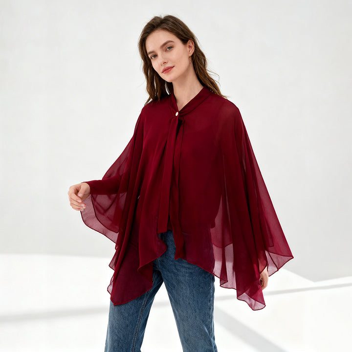 Damen Chiffon-Cape mit Schleifenkragen und Zierknopf Drune
