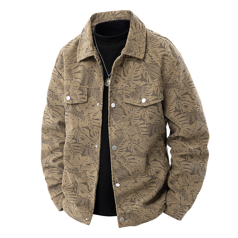 Herren Cord-Overshirt mit floralem Strukturprint, Brusttaschen und entspannter Passform Drune
