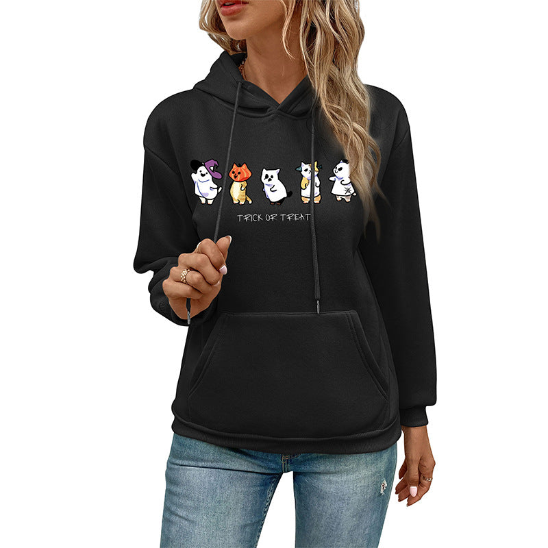 Damen Kapuzenpullover mit Cartoon-Katzen-Motiv, Kängurutasche und weichem Futter Drune