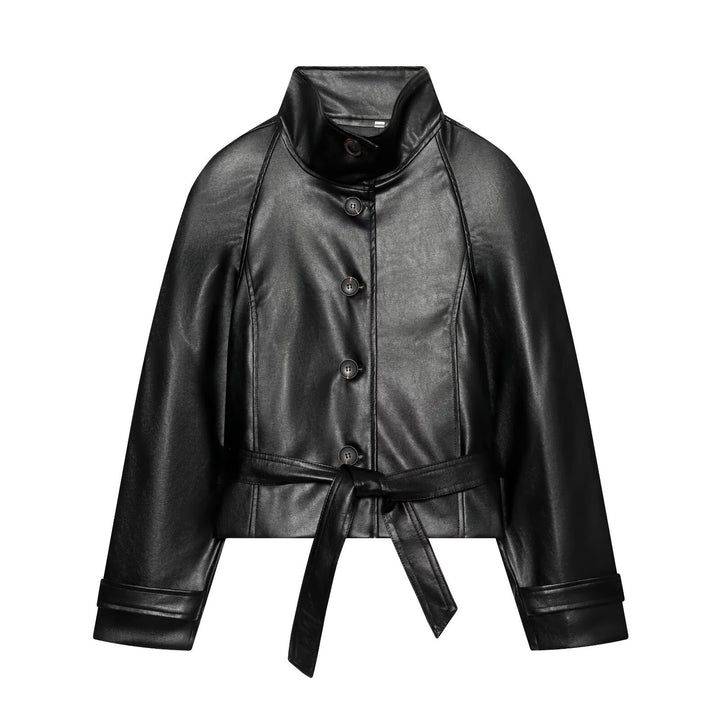Damen Taillierte Cropped Veganlederjacke mit Stehkragen und Bindegürtel Drune