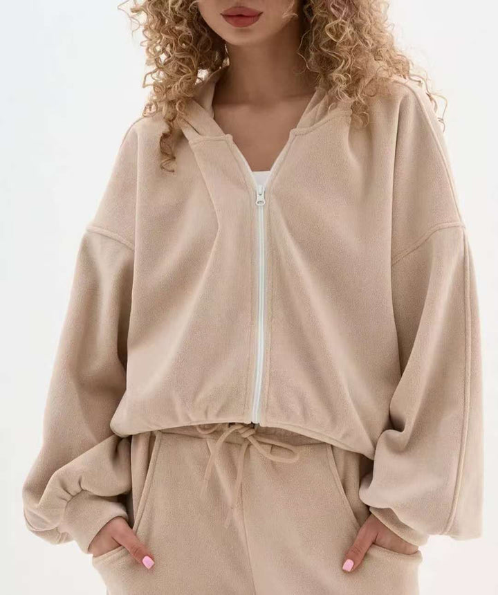 Damen cropped Kapuzenjacke aus weichem Fleece mit Reißverschluss Drune