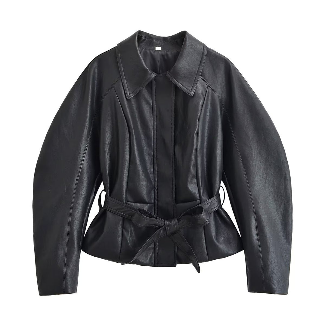Damen Taillierte Lederoptik‑Jacke mit Bindegürtel und überschnittenen Ärmeln Drune