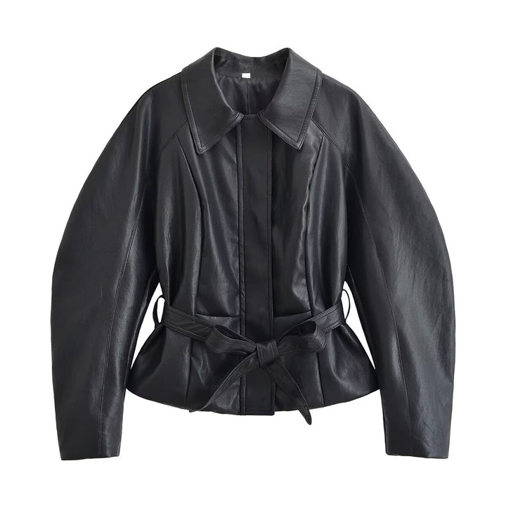 Damen Taillierte Lederoptik‑Jacke mit Bindegürtel und überschnittenen Ärmeln Drune