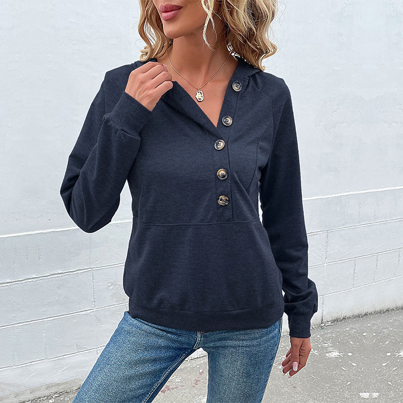 Damen Kapuzenpullover mit Zierknopfleiste, Raglanärmeln und Kängurutasche Drune