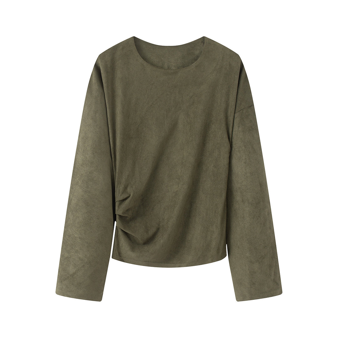 Damen nan Oversize-Langarmshirt mit seitlicher Drapierung und samtiger Wildlederoptik Drune