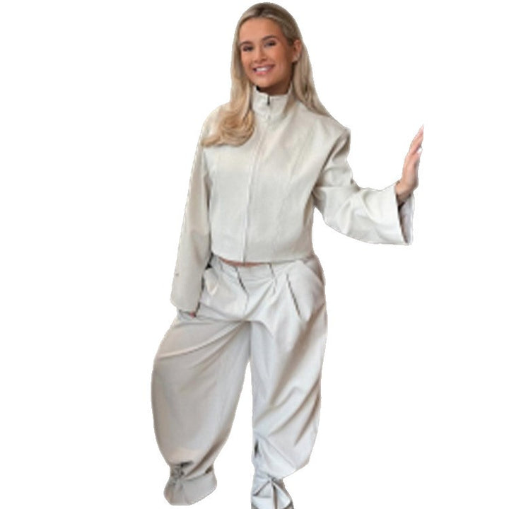Damen Kurzjacke mit Stehkragen und weiten Bundfaltenhose Set Drune