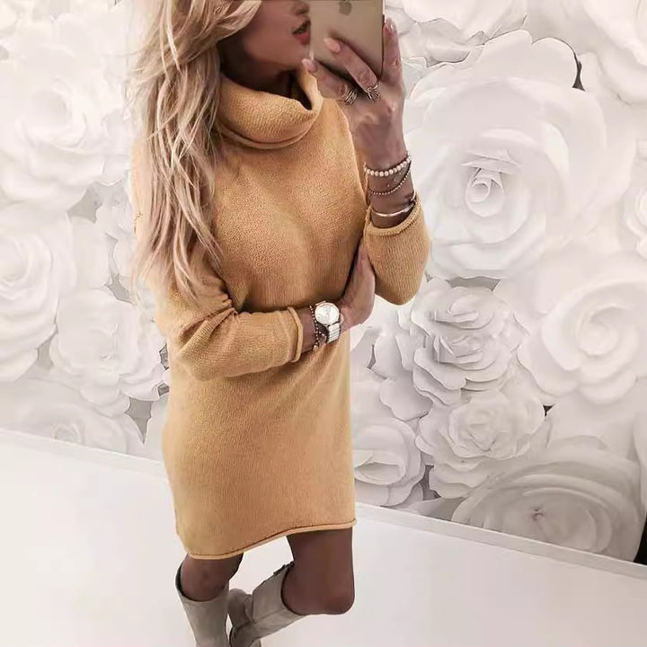 Damen Gemütliches Rollkragen Mini Kleid aus Feinstrick mit Geradem Schnitt Drune