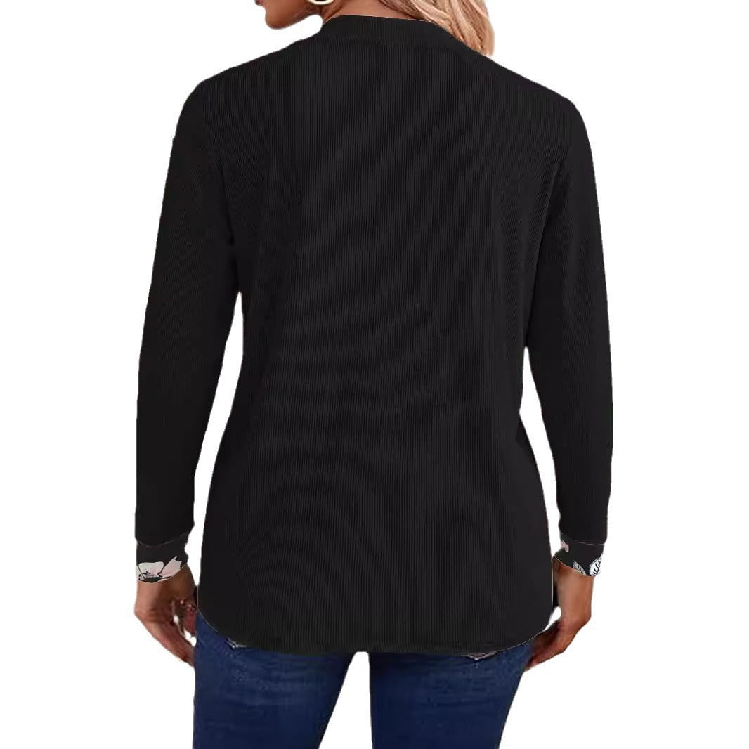 Damen Offener Longcardigan mit strukturierter Crinkle‑Optik und floralem Einsatztop Drune