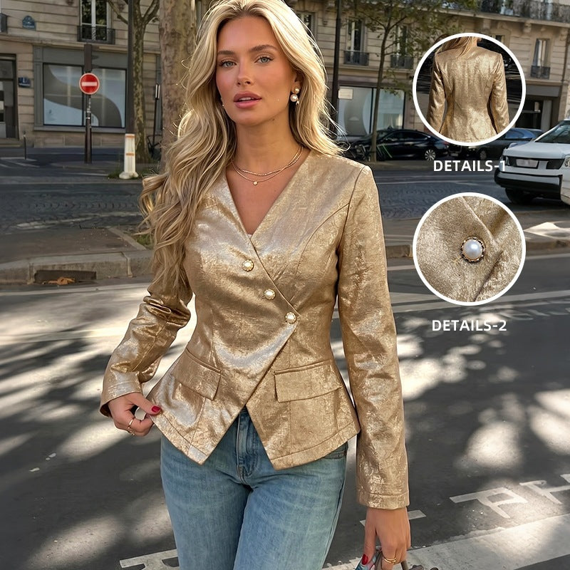 Damen Taillierter Blazer mit schimmernder Jacquardstruktur und Zierperlenknöpfen Drune