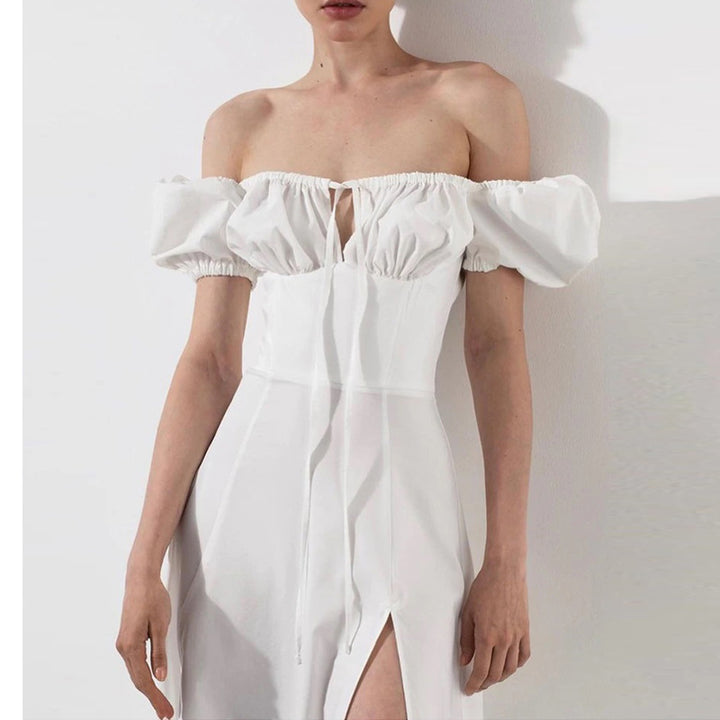 Damen Maxikleid mit schulterfreiem Design und voluminösen Puffärmeln Drune