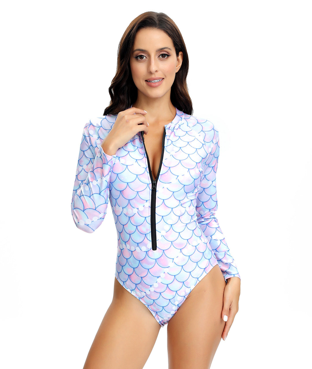 Damen Sportlicher Langarm-Badeanzug mit Reißverschluss und eleganten Mustern Drune