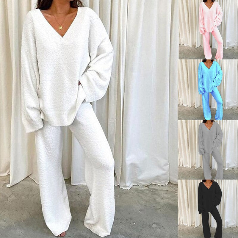 Damen Bequemes Fleece-Loungewear-Set mit V-Ausschnitt Drune