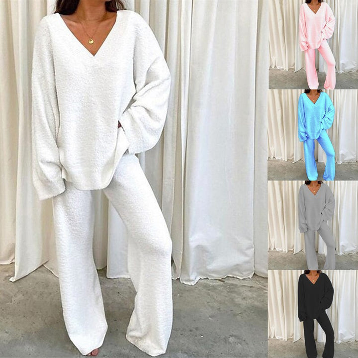 Damen Bequemes Fleece-Loungewear-Set mit V-Ausschnitt Drune
