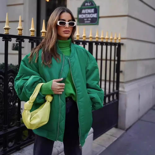 Damen nan oversized Bomberjacke mit Stehkragen, Reißverschluss und Druckknopf-Taschen Drune