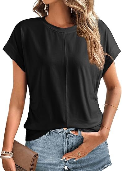 Damen Relaxed-Fit Kurzarmshirt mit dekorativer Mittelnähte und Umschlagärmeln Drune