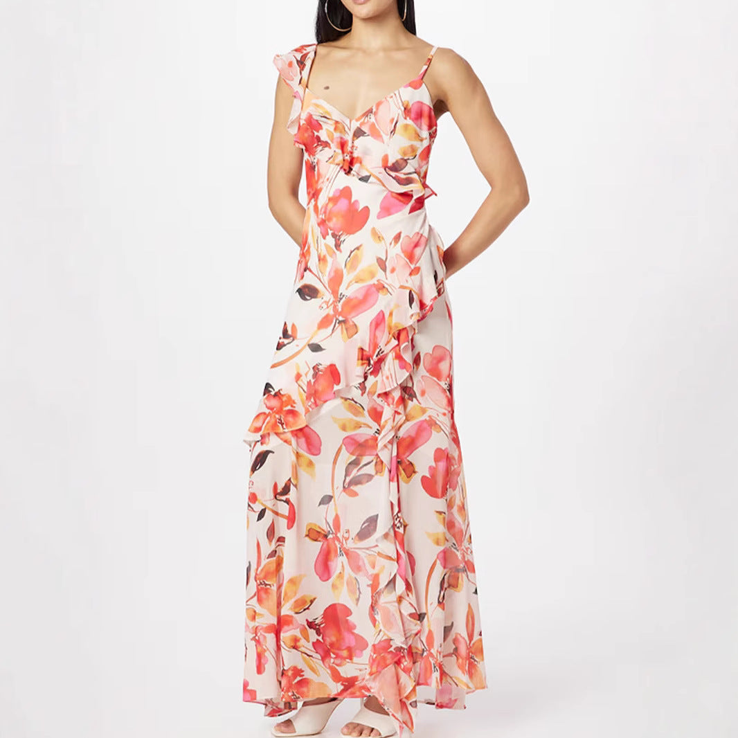 Damen Maxikleid mit floralen Rüschen und schulterfreien Trägern Drune