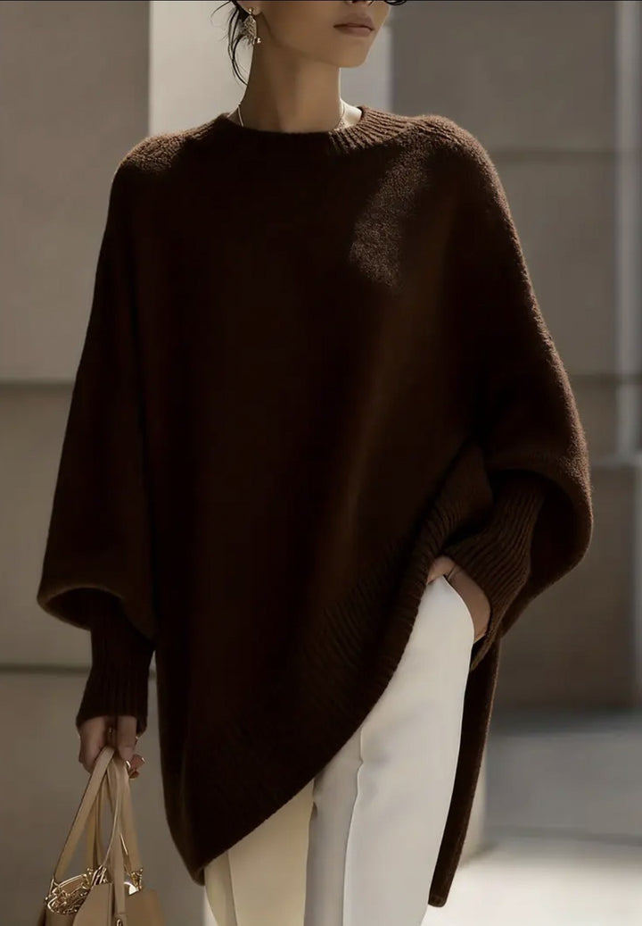 Damen nan Oversize Strickponcho mit asymmetrischem Saum und gerippten Ärmeln Drune
