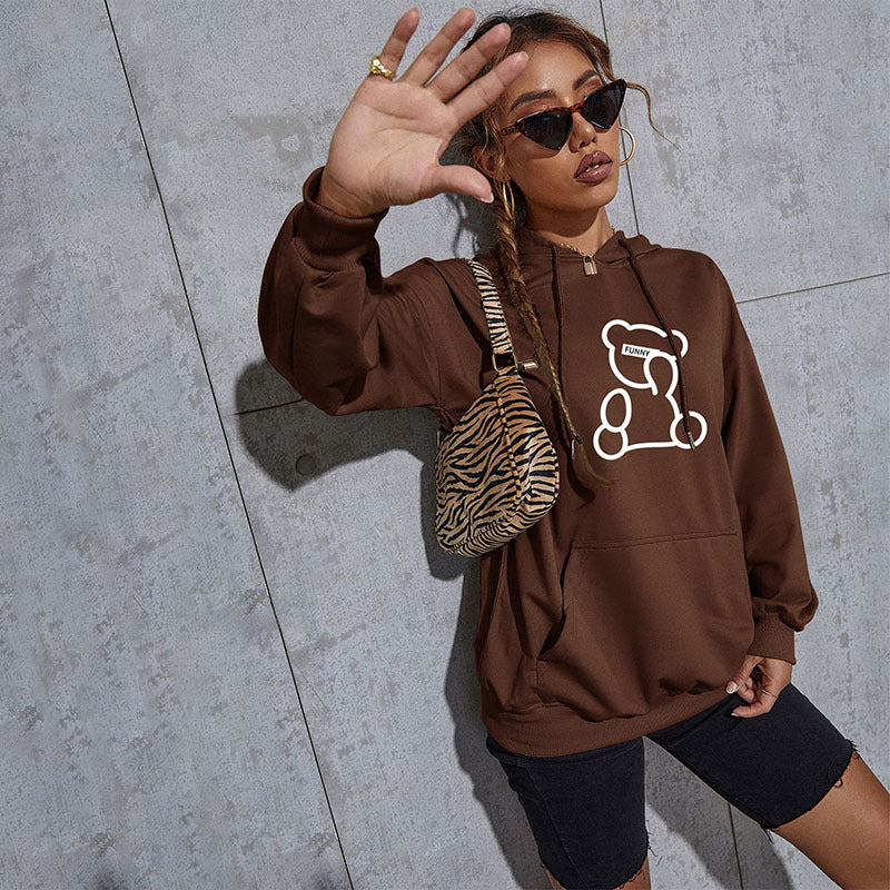 Damen Oversize-Kapuzenpullover mit Teddy-Grafik, Kängurutasche und Tunnelzug Drune