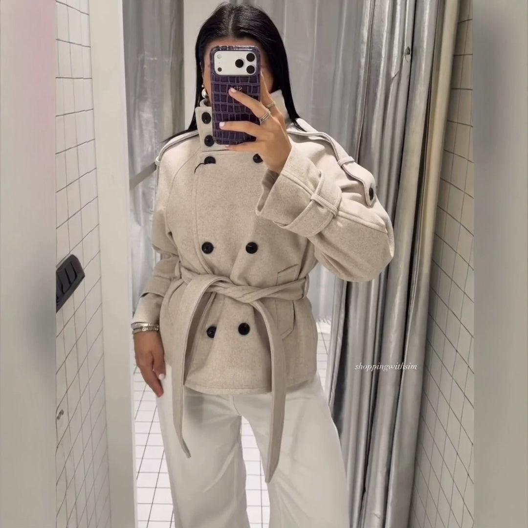 Damen Kurzblouson‑Trenchcoat aus Wollmix mit hohem Stehkragen und Bindegürtel Drune