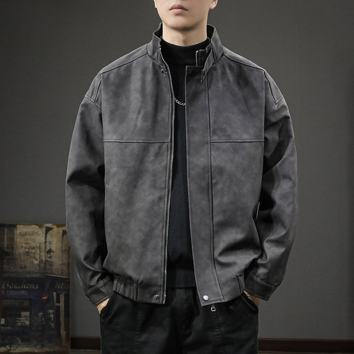 Herren stylische Kunstlederjacke mit hochgeschlossenem Kragen und praktischen Taschen Drune