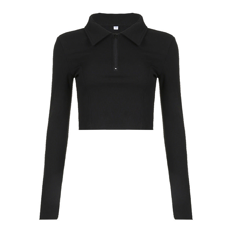 Damen langärmliges cropped Poloshirt mit weichem Strukturmaterial Drune